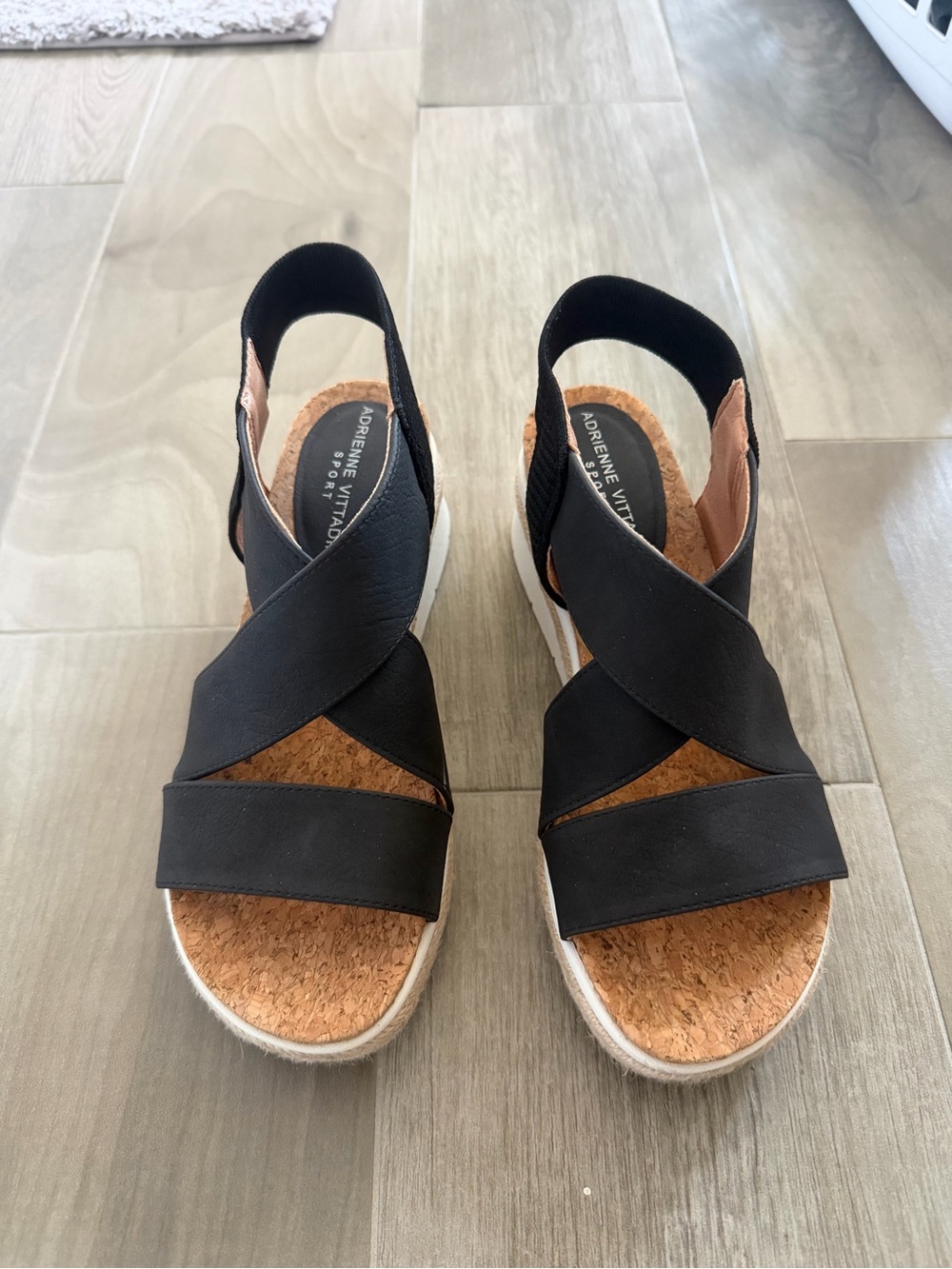 Adrienne Vittadini Black Cork Platform Crisscross Slingback Sandals